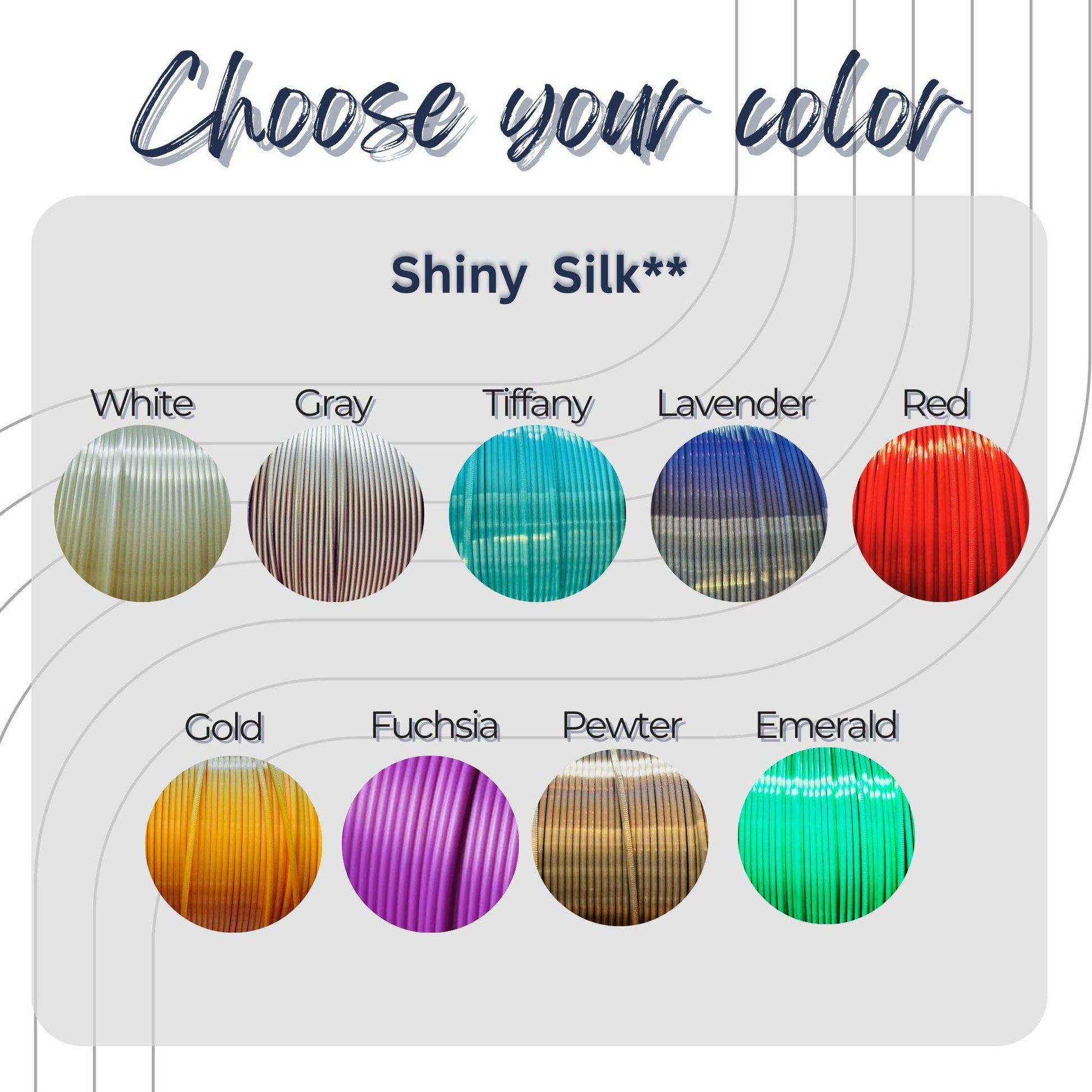 Color swatch for Shiny Silk with various color options.