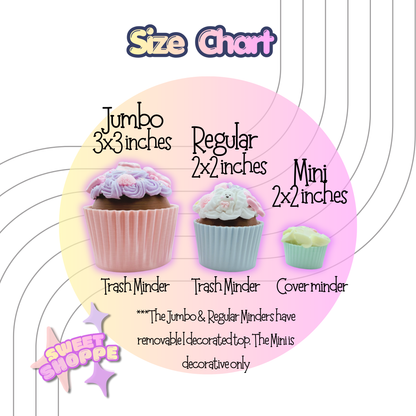 Size chart for different cupcake-shaped minders with corresponding dimensions and descriptions.