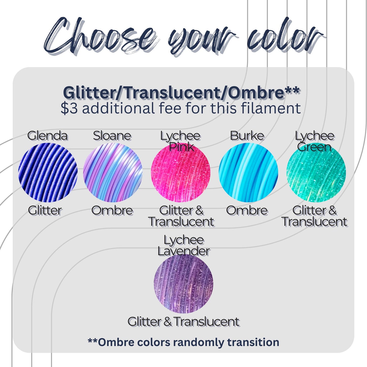Color selection chart for glitter, translucent, and ombre filament options with corresponding color swatches.