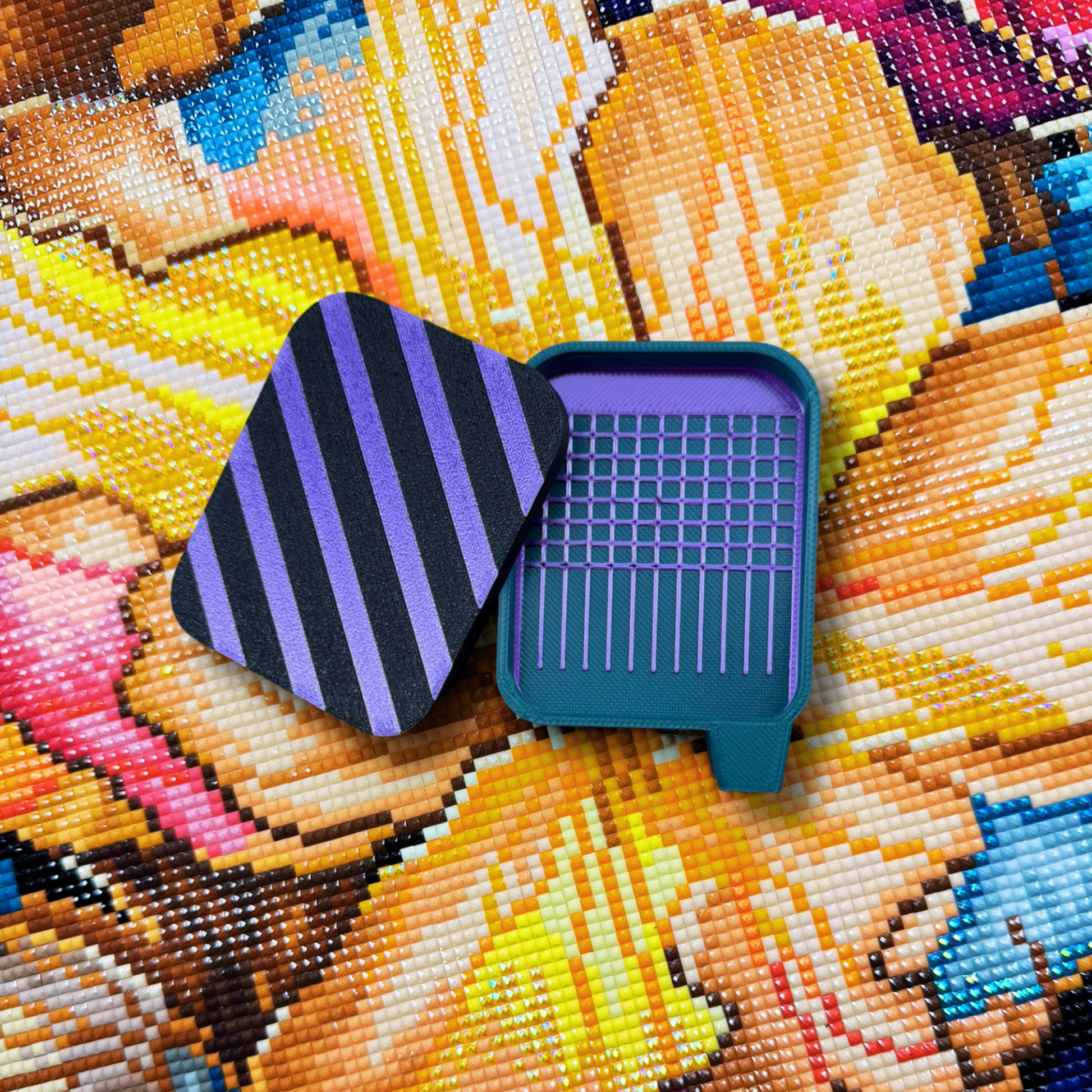 small sage diamond art tray with fuchsia lines and striped lid