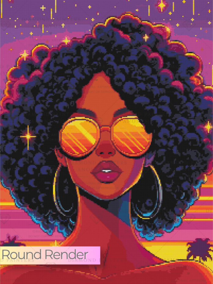 Vibrant square digital illustration of a woman with a large afro hairstyle, round reflective yellow sunglasses, and hoop earrings against a colorful sunset sky with stars. The text 'Round Render' appears in the lower left corner.