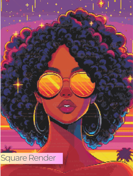 Vibrant square digital illustration of a woman with a large afro hairstyle, round reflective yellow sunglasses, and hoop earrings against a colorful sunset sky with stars. The text 'Square Render' appears in the lower left corner.