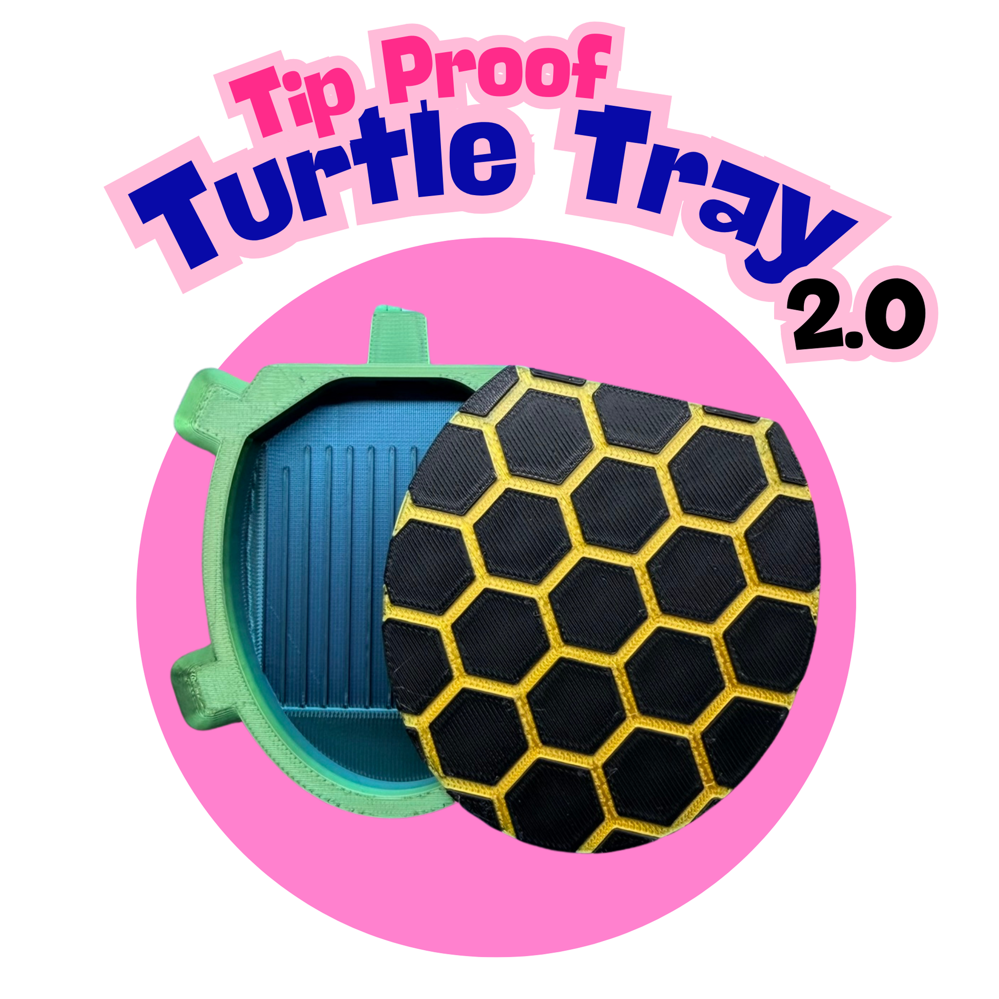 Tip Proof Turtle Tray 2.0 product with pink border and text